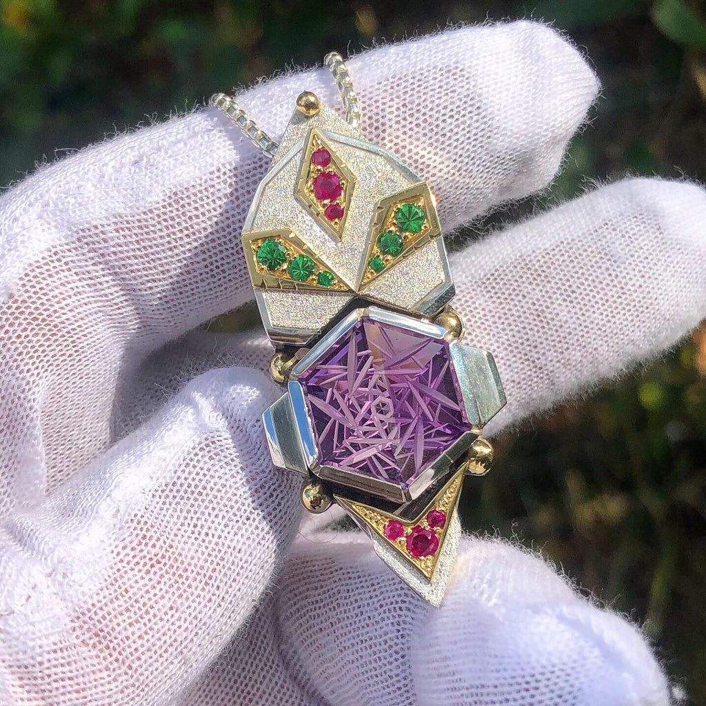 Amethyst, tsavorite garnet, and ruby pendant