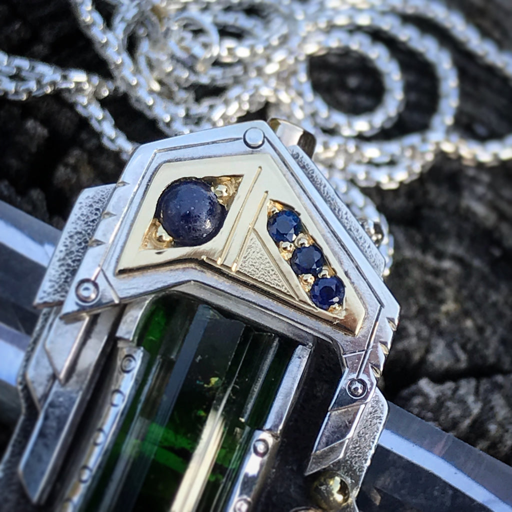 The Warrior- Chrome Tourmaline, red spinel, sapphire, and tsavorite garnet pendant