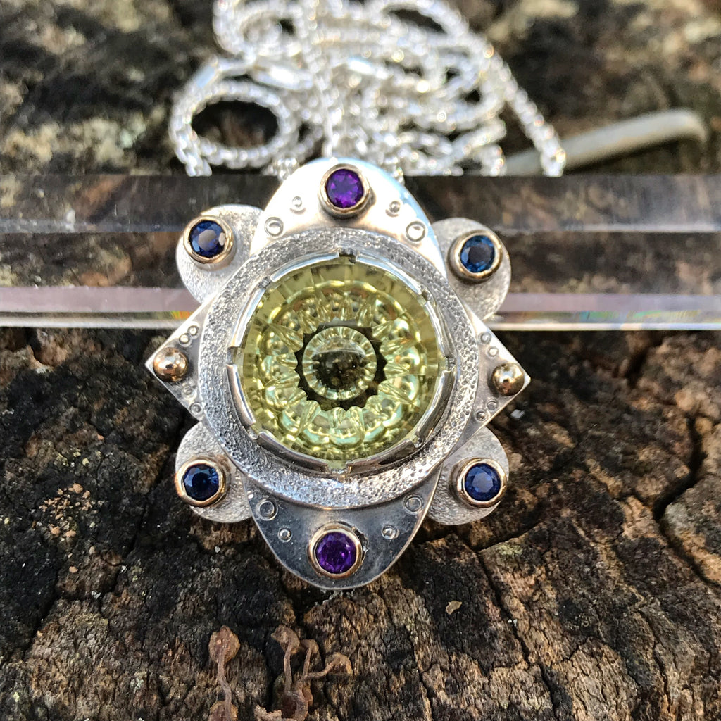 Fantasy cut citrine Mandala with amethyst and sapphires