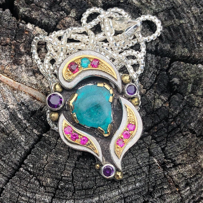 Heart of Batalha- paraiba tourmaline, pink sapphire and amethyst