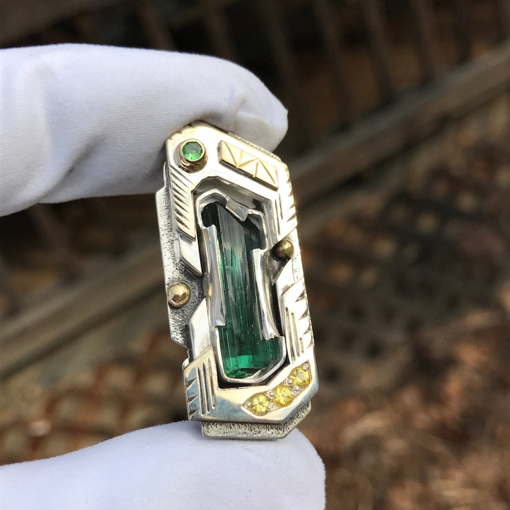 Blue Tourmaline, Yellow sapphire, and tsavorite garnet pendant