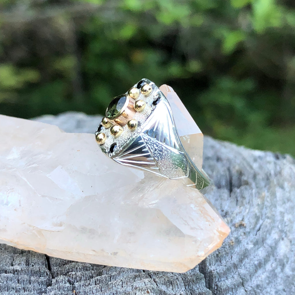 Moldavite and black spinel ring