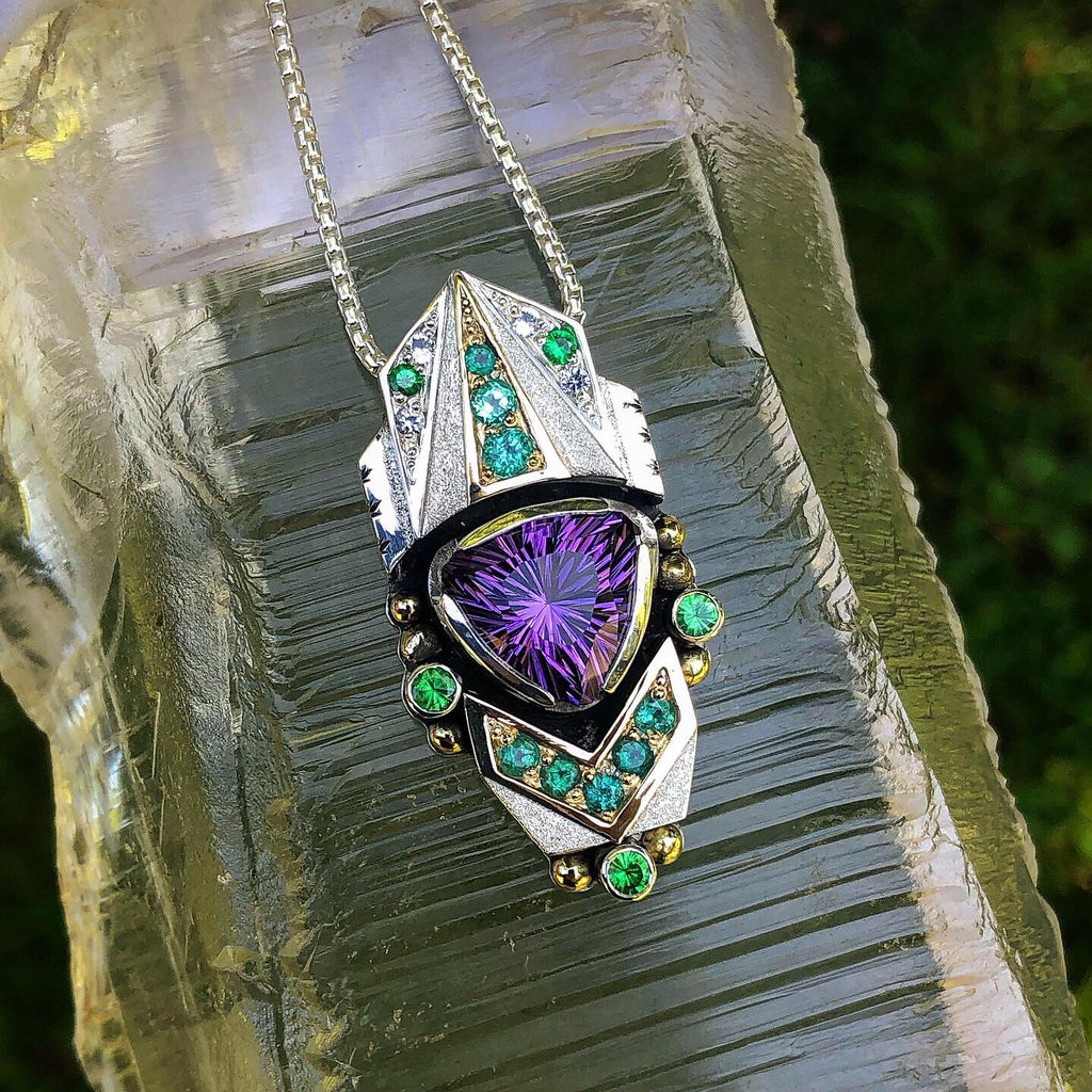 "Universal Connection" Amethyst, paraiba tourmaline, tsavorite garnet, and phenakite talisman