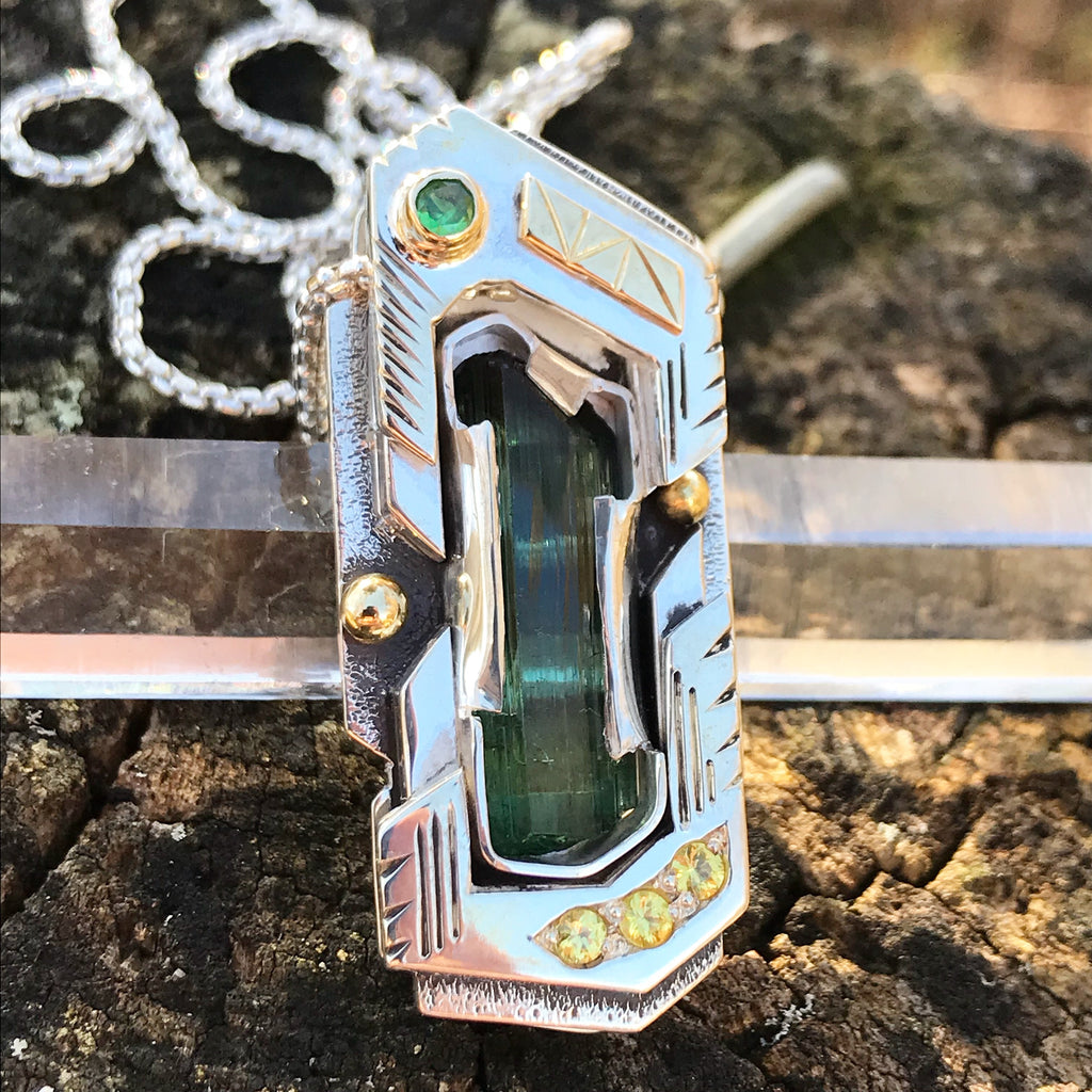 Blue Tourmaline, Yellow sapphire, and tsavorite garnet pendant