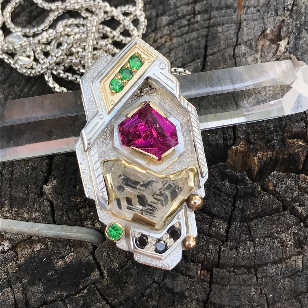 Munsteiner Tourmaline / etched phenakite / tsavorite garnet / black diamond pendant