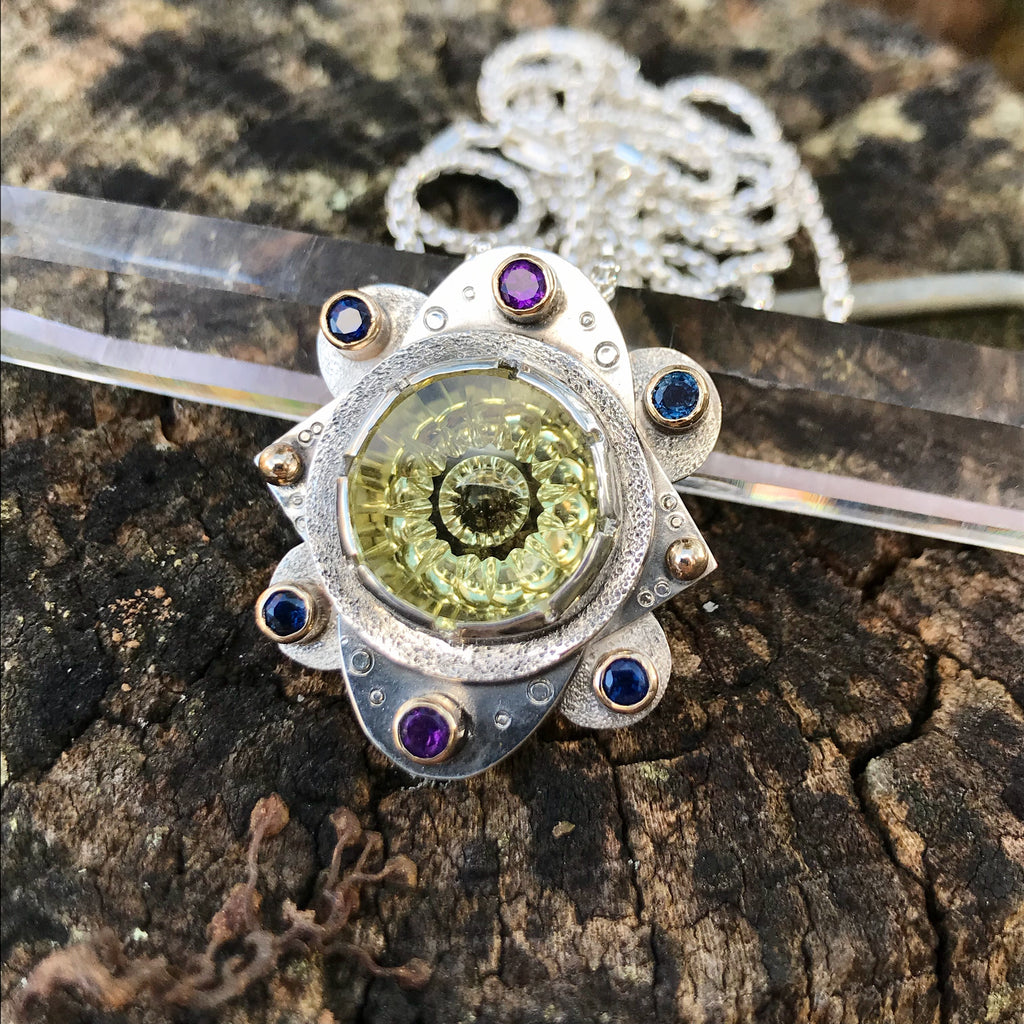 Fantasy cut citrine Mandala with amethyst and sapphires