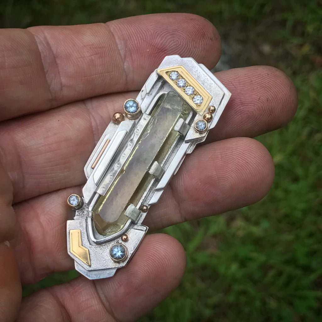 Heliodor / diamond / aquamarine pendant