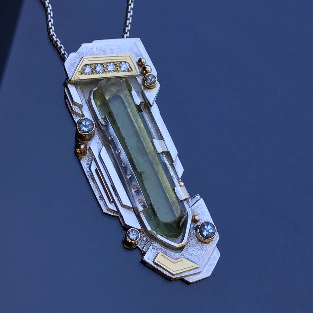 Heliodor / diamond / aquamarine pendant