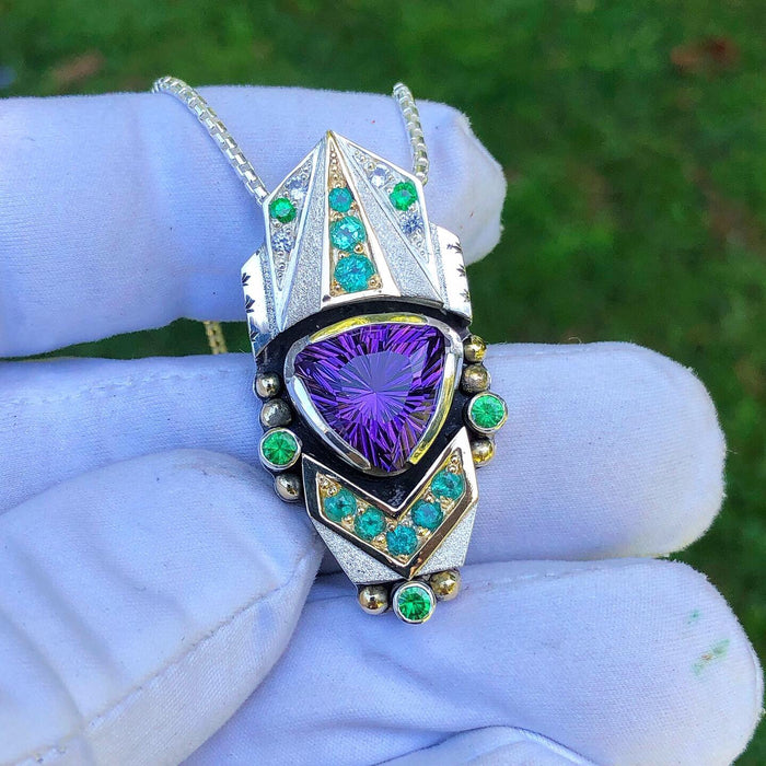 "Universal Connection" Amethyst, paraiba tourmaline, tsavorite garnet, and phenakite talisman