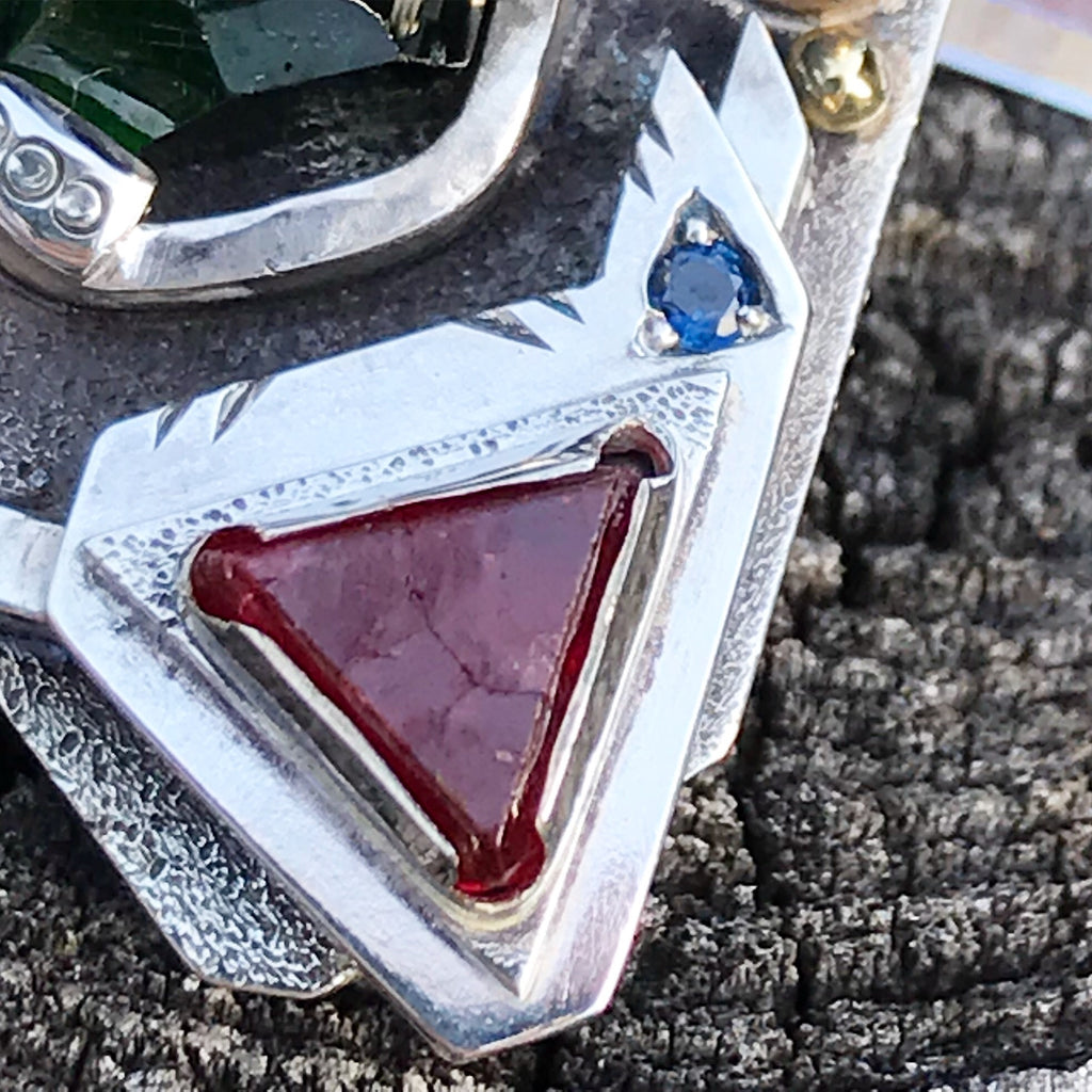 The Warrior- Chrome Tourmaline, red spinel, sapphire, and tsavorite garnet pendant