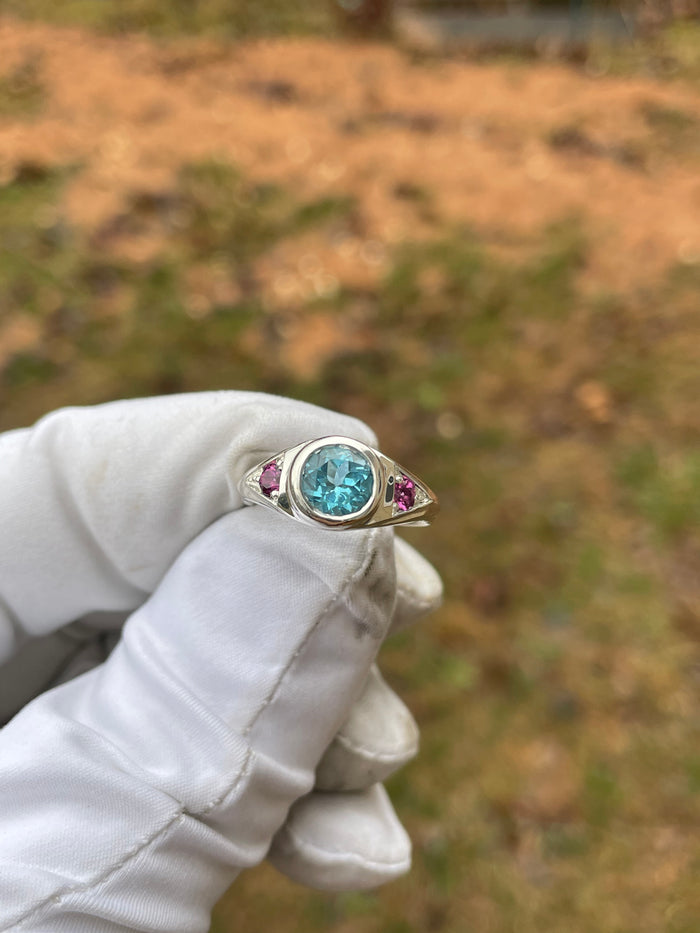 Third eye ring- blue topaz / Rhodolite garnet- size 7