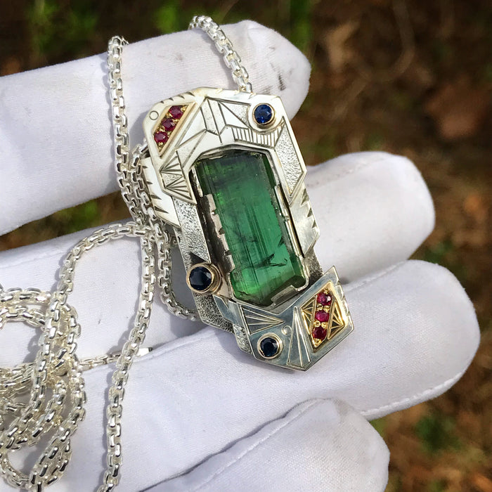 Tourmaline, sapphire, and ruby pendant