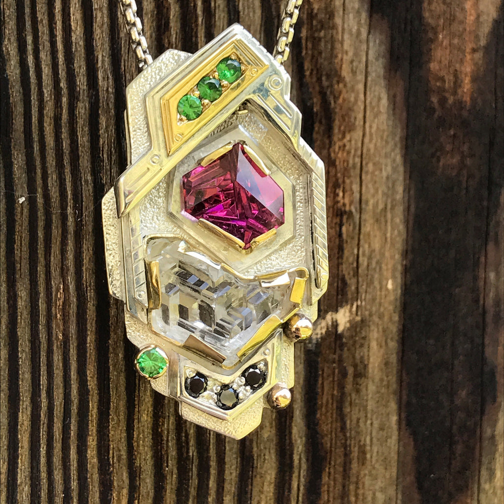 Munsteiner Tourmaline / etched phenakite / tsavorite garnet / black diamond pendant
