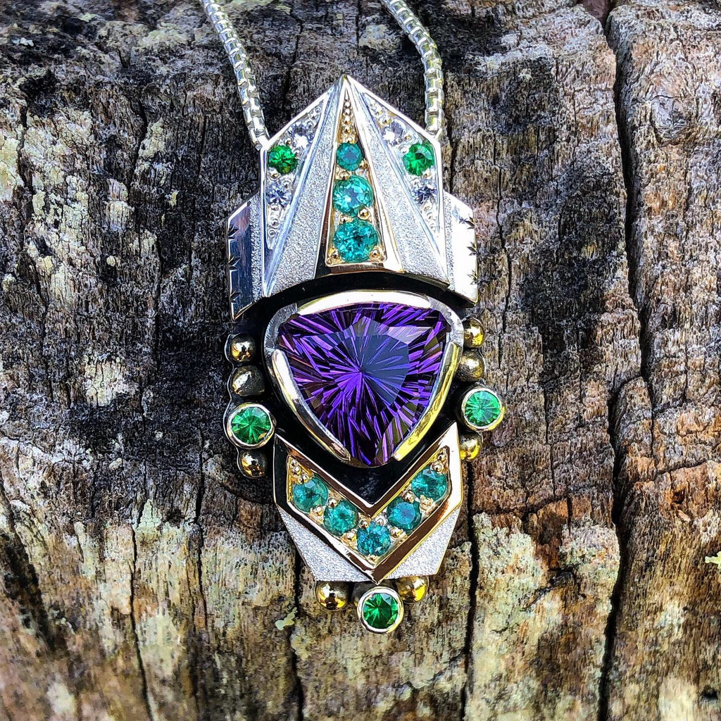 "Universal Connection" Amethyst, paraiba tourmaline, tsavorite garnet, and phenakite talisman