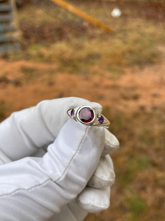Third eye ring- Rhodolite garnet/ amethyst - size 8