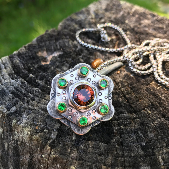 Liddicoatite Tourmaline and Tsavorite Mandala Pendant Collaboration with Ethan Donohue