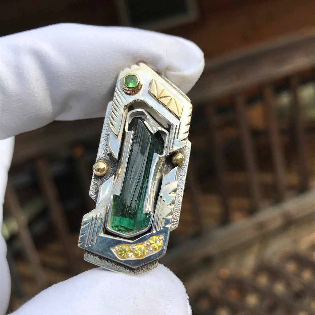 Blue Tourmaline, Yellow sapphire, and tsavorite garnet pendant