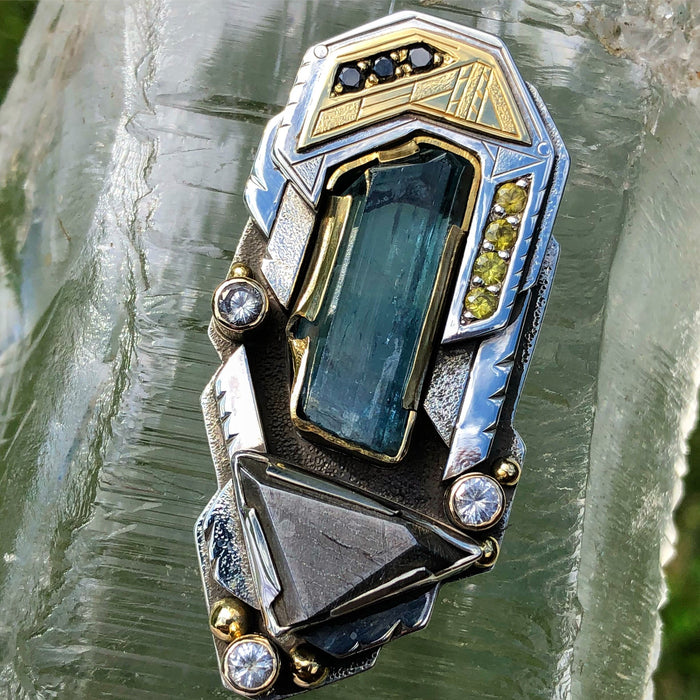 Aquamarine, meteorite, black Diamond, white and yellow sapphire pendant