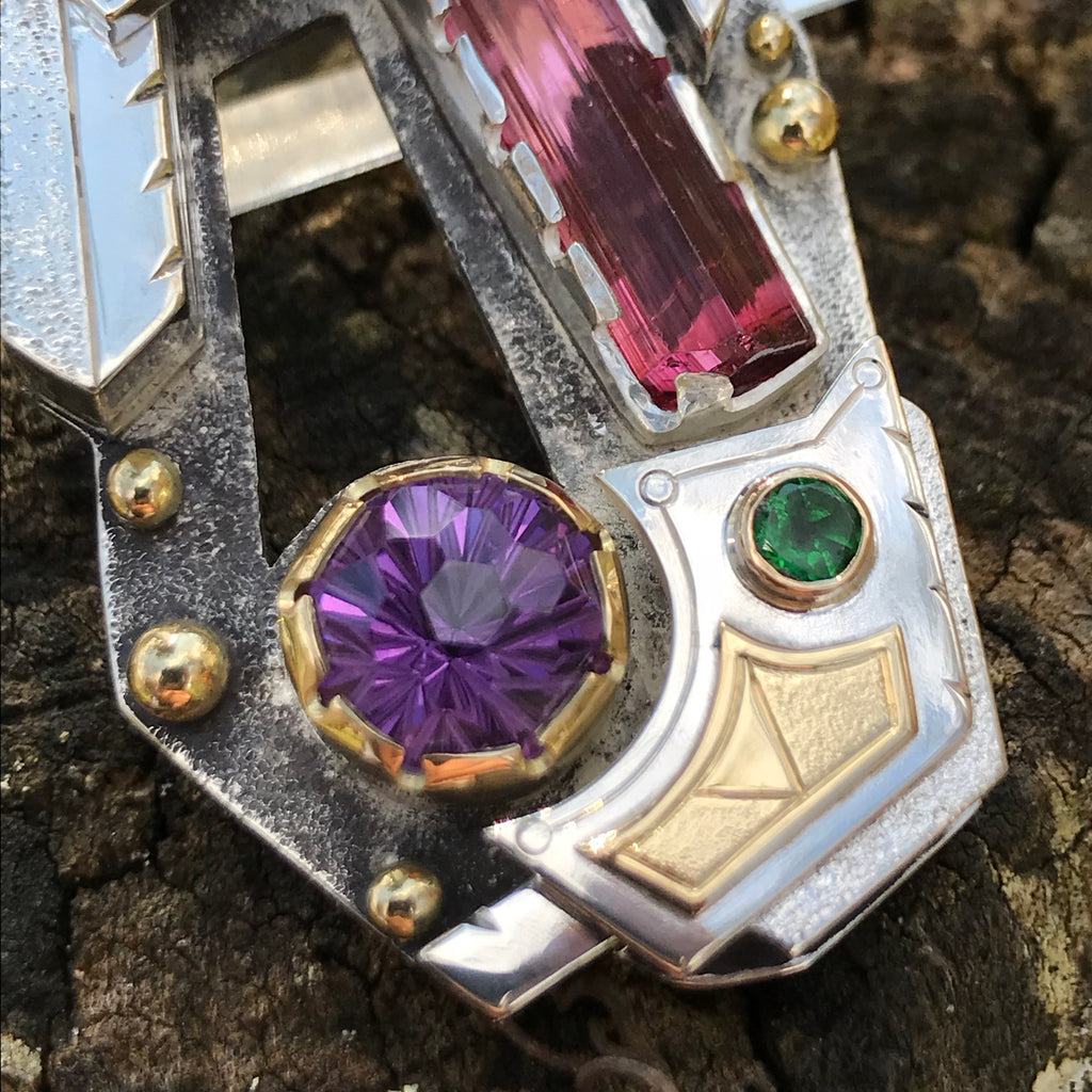 Tourmaline, amethyst, tsavorite garnet negative space pendant