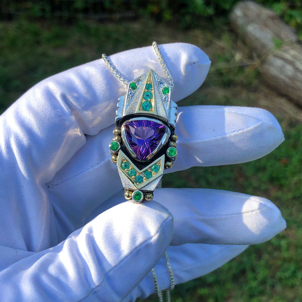 "Universal Connection" Amethyst, paraiba tourmaline, tsavorite garnet, and phenakite talisman