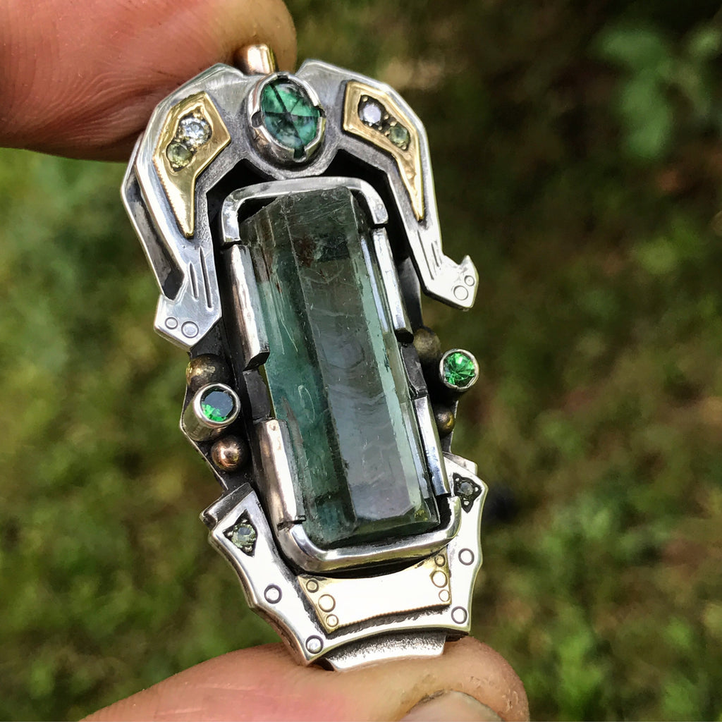 Nigerian Aquamarine, Diamond, Yellow sapphire, and Trapiche Emerald pendant