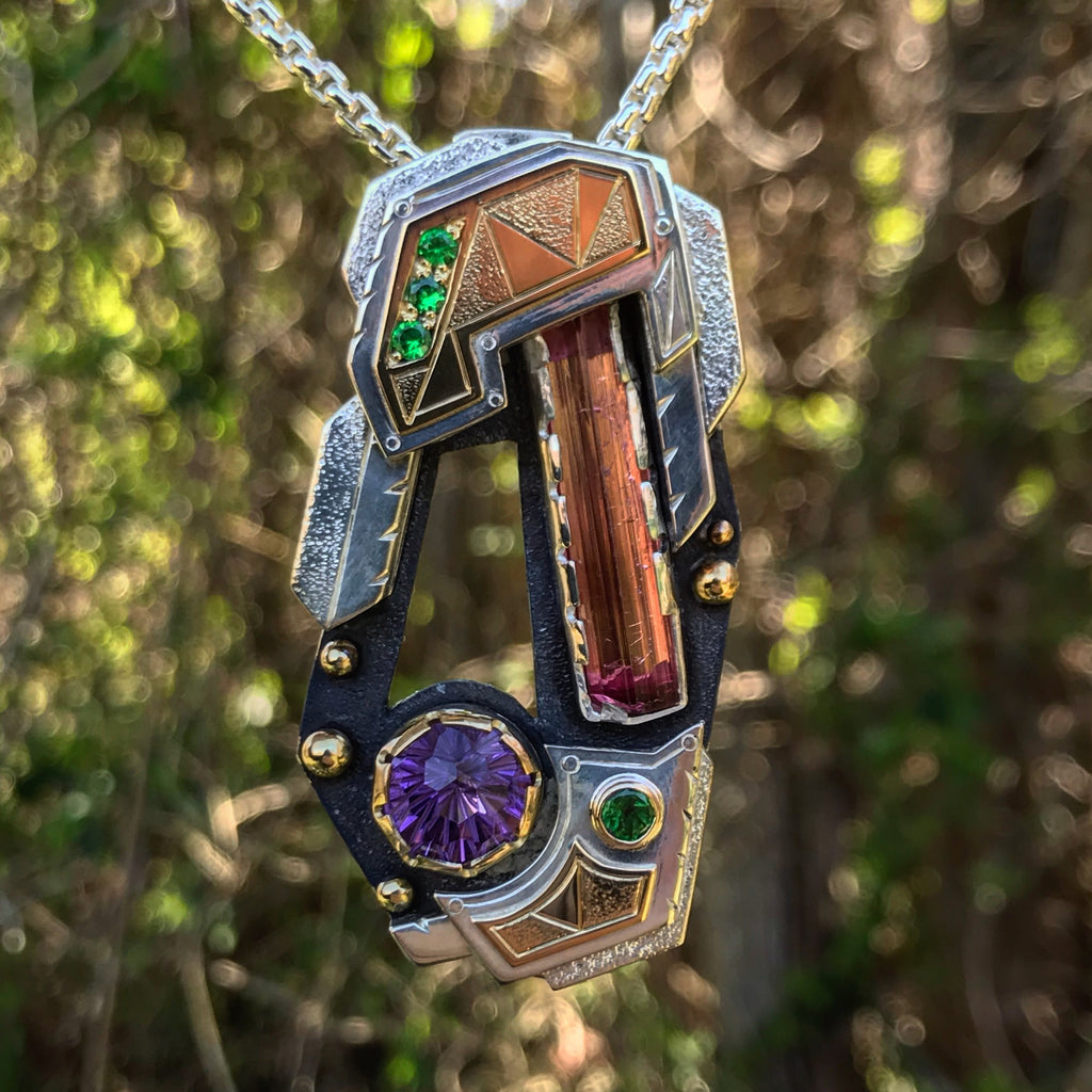 Tourmaline, amethyst, tsavorite garnet negative space pendant