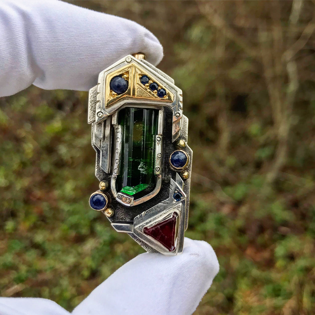 The Warrior- Chrome Tourmaline, red spinel, sapphire, and tsavorite garnet pendant