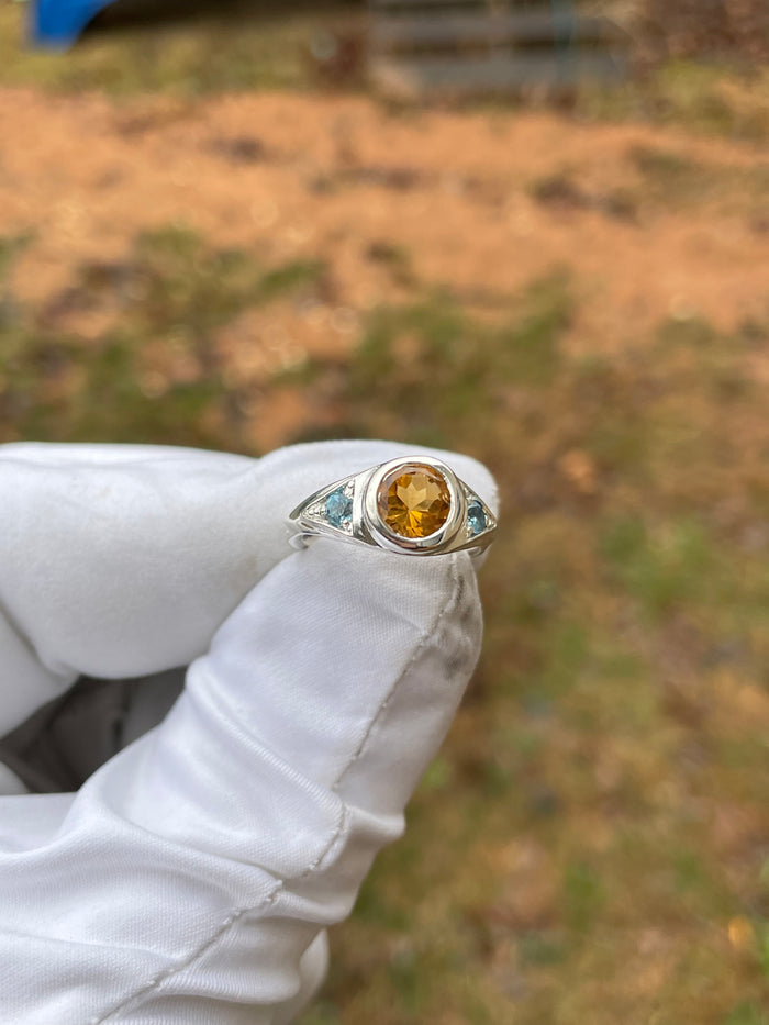 Third eye ring- citrine/blue topaz- size 6