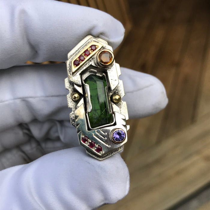 Chrome Tourmaline, ruby, orange sapphire and tanzanite pendant