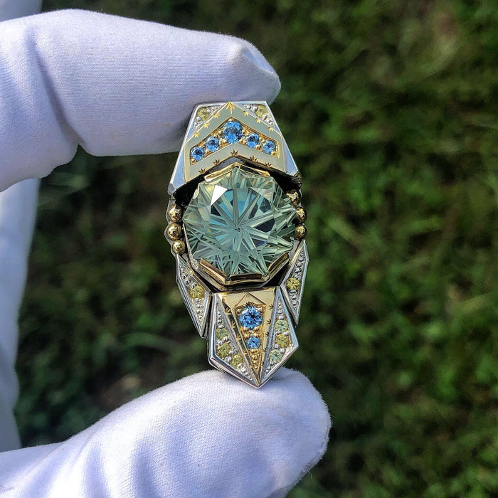 Solstice - Prasiolite, yellow sapphire, and aquamarine pendant