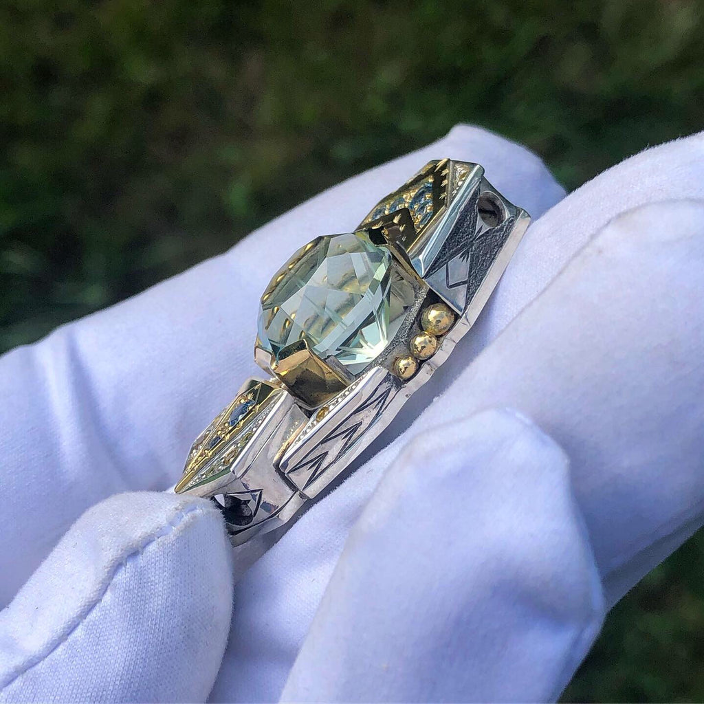 Solstice - Prasiolite, yellow sapphire, and aquamarine pendant